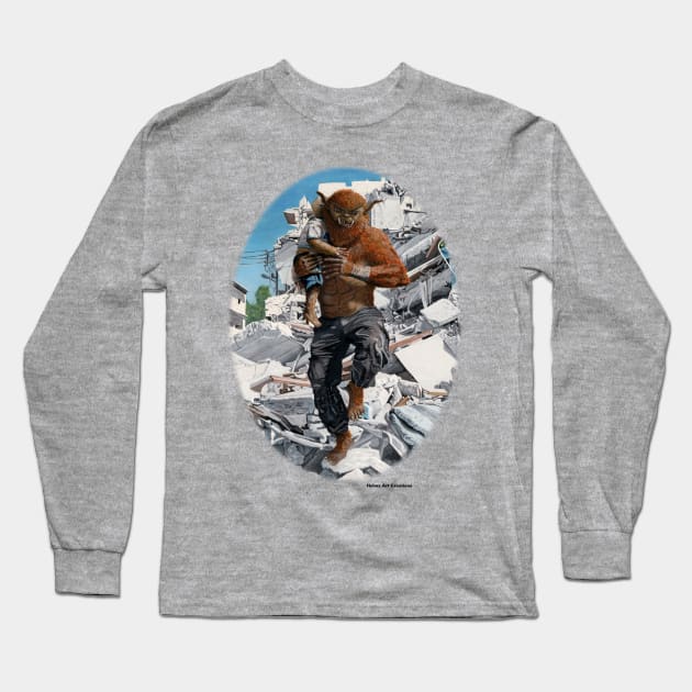 Inspirational Action Hero Carrying Kid Realistic Art Long Sleeve T-Shirt by Helms Art Creations